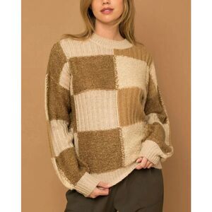 Gilli checkered textured oversized brown and tan sweater M